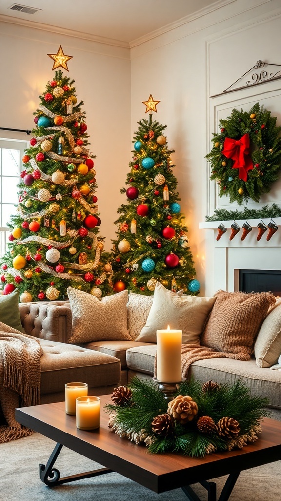 Festive Christmas Decor Ideas for Your Living Room A cozy living room decorated for Christmas with a tree, wreath, and festive cushions.